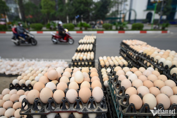 Trứng được bày đầy vỉa hè, quảng cáo giá rẻ hơn bình thường. Theo đó, người mua chỉ cần bỏ ra 65.000 đồng đã có 30 quả. Người bán cho biết, trứng có nguồn gốc từ xã Liên Châu (huyện Thanh Oai, Hà Nội).