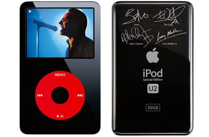 Máy nghe nhạc U2 iPod (2004-2004). Máy nghe nhạc U2 là sản phẩm của sự hợp tác giữa Apple và ban nhạc U2, trong đó đĩa đơn “Vertigo” của U2 được phân phối độc quyền thông qua gian hàng trực tuyến iTunes. Nhưng chiếc iPod này không thành công. Giá của iPod U2 cao hơn 50 USD so với phiên bản thông thường, và người tiêu dùng nhận thấy chẳng có lý do gì để mua nó.