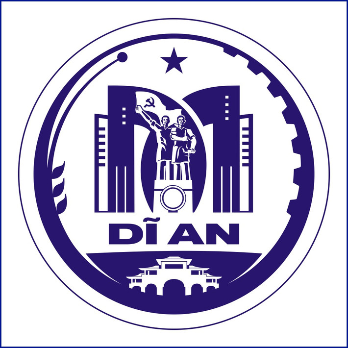 Theo nội dung thuyết minh, biểu trưng TP Dĩ An có hình ảnh 2 chữ D, A (viết tắt của Dĩ An) cách điệu, hạt lúa nông nghiệp, bánh răng công nghiệp, tượng đài tại di tích cách mạng Đề-pô xe lửa Dĩ An, cổng di tích - khu du lịch Hố Lang... Ảnh: Trang TTĐT TP Dĩ An.