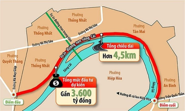 Sơ đồ tuyến đường ven sông Cái , TP. Biên Hòa, Đồng Nai. Ảnh: Cafeland 11.jpg