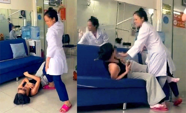 Người phụ nữ mặc áo blouse trắng dùng ống sắt tấn công, kéo khách hàng nằm xuống sàn nhà và giật điện thoại khách hàng đập bể nát màn hình (Ảnh cắt từ clip) 3333.jpg