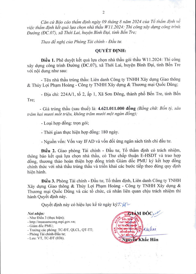 Trích Quyết định số 934/QĐ-PMU, Ban CSAT Bến Tre phê duyệt cho Liên danh Phạm Hoàng - Quốc Dũng trúng thầu (Nguồn MSC) 934-02.jpg