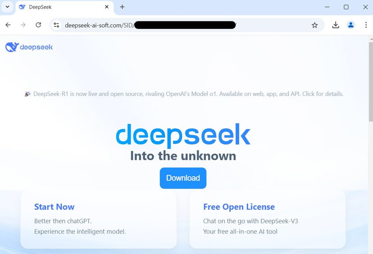 Một trang web giả mạo Deepseek dẫn dụ tải về ứng dụng chứa mã độc. Ảnh: Tuệ Minh dep-gia.jpg