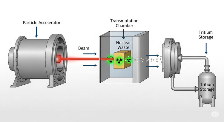 加速器は核廃棄物中の放射性物質を照射し、中性子を放出してトリチウムを生成する。イラスト:GenAI san-xuat-tritium.png