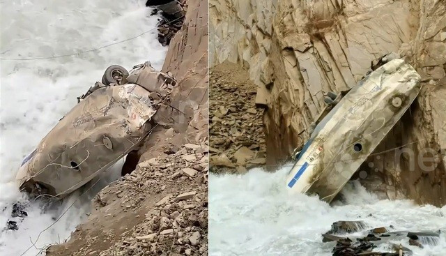 Phần thùng xe bồn rơi xuống vực.