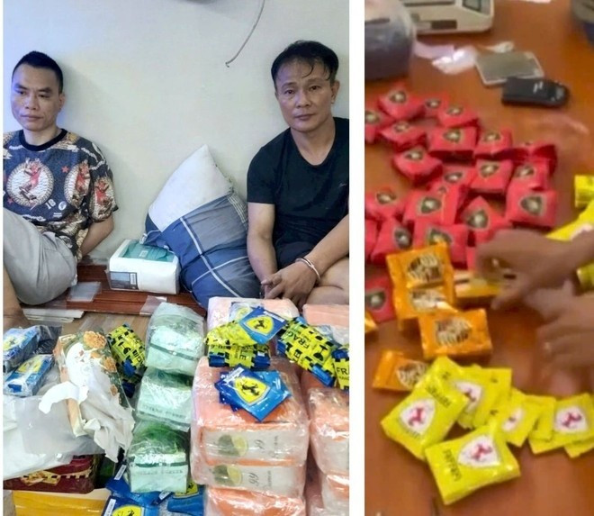 Các đối tượng Hùng, Ngọc Anh và tang vật.