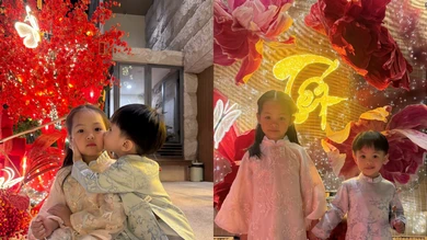 Hai con Đàm Thu Trang diện áo dài, chụp ảnh đón Tết trước biệt thự gia đình