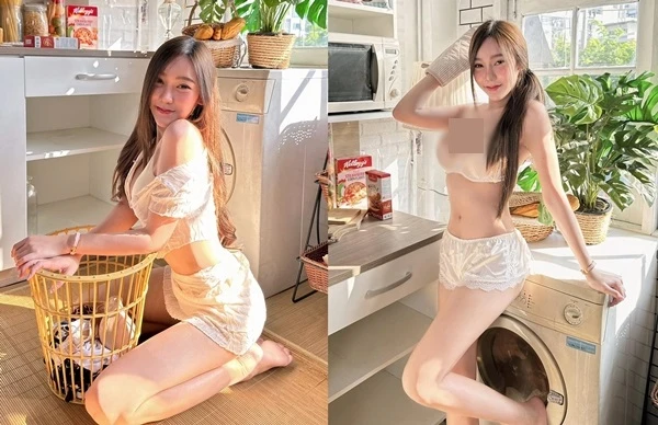 Làm việc nhà, hot girl xinh đẹp mặc đồ ngủ khoe dáng đỏ mặt