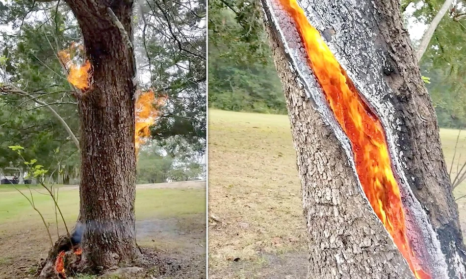 Bị sét đánh, thân cây hóa lò luyện dung nham kỳ quái