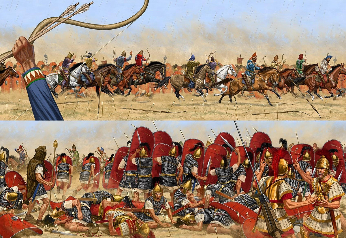  2. Kỵ binh Parthia nghiền nát đội hình La Mã. Người Parthia sử dụng hai loại kỵ binh hiệu quả: kỵ cung cơ động cao và kỵ binh giáp nặng cataphract, phá tan đội hình testudo (mai rùa) lừng danh của La Mã bằng mưa tên và đòn tấn công bất ngờ. Ảnh: Pinterest.