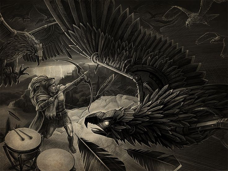  7. Kết cục không hoàn toàn bị tiêu diệt. Heracles bắn hạ nhiều con bằng cung tên, nhưng một số con thoát được và bay tới vùng đảo Ares xa xôi. Ảnh: Pinterest.