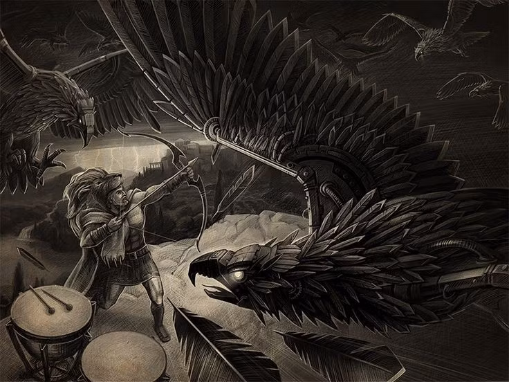  7. Kết cục không hoàn toàn bị tiêu diệt. Heracles bắn hạ nhiều con bằng cung tên, nhưng một số con thoát được và bay tới vùng đảo Ares xa xôi. Ảnh: Pinterest.