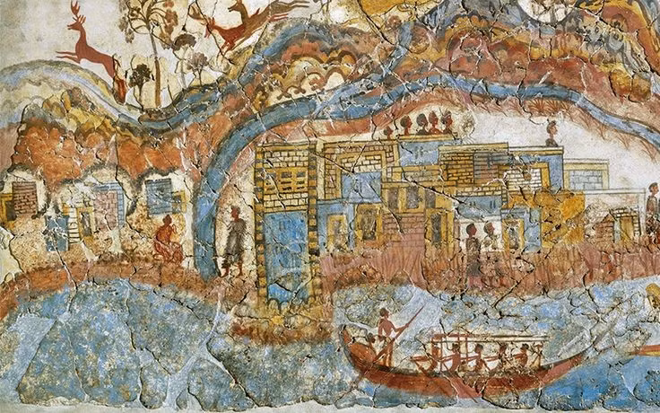  Bích họa tường mang giá trị nghệ thuật đặc biệt. Các bức tranh tưởng tại Akrotiri mô tả thiên nhiên, lễ nghi, đời sống hàng ngày với màu sắc sinh động, được xem là đỉnh cao hội họa thời đồ đồng Aegean. Ảnh: Pinterest.
