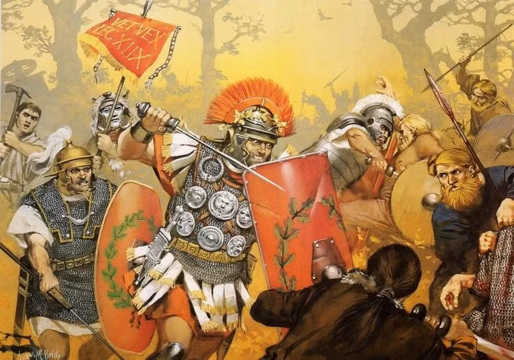  1. Diễn ra trong rừng sâu nước Đức cổ đại. Quân La Mã bị phục kích trong địa hình rừng rậm, mưa lớn và đường hẹp khiến họ không thể triển khai đội hình chiến đấu hiệu quả. Ảnh: Pinterest.