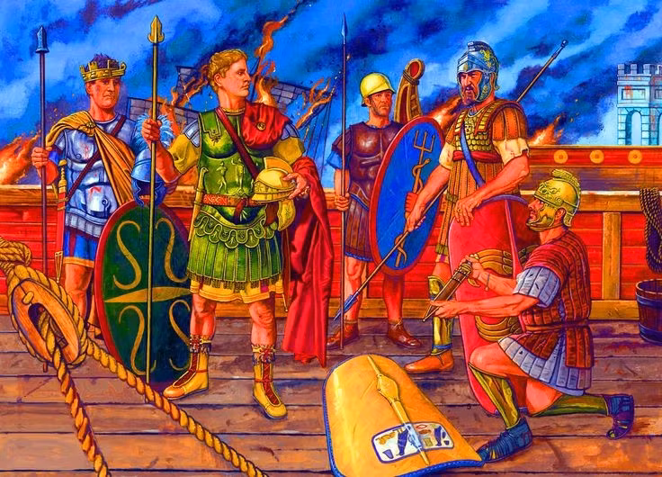  Cleopatra rút lui giữa trận. Khi trận chiến căng thẳng, Cleopatra bất ngờ rút thuyền Ai Cập khỏi chiến trường, khiến Antony hỗn loạn và thất thế. Ảnh: Pinterest.