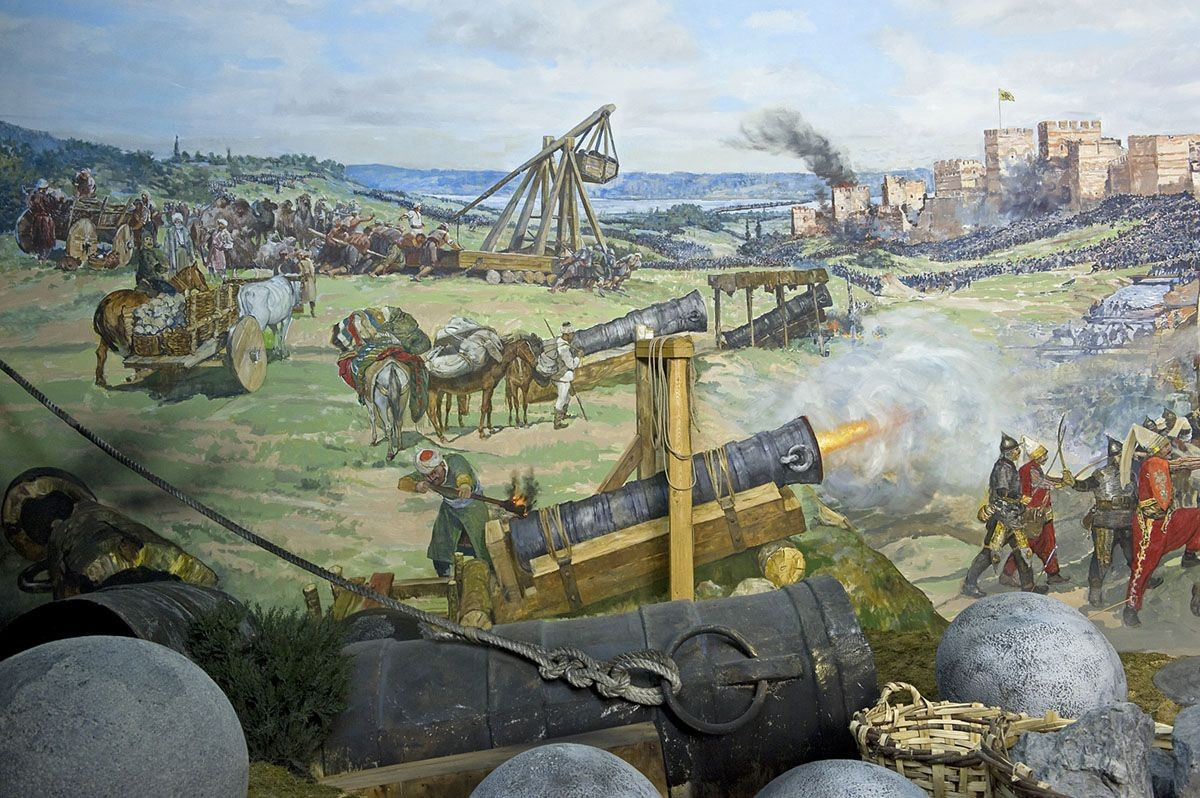  4. Pháo binh đã thay đổi cục diện chiến tranh. Người Ottoman sử dụng các khẩu pháo khổng lồ, bao gồm khẩu "Đại pháo" (Basilica) do kỹ sư người Hungary Urban chế tạo, để phá vỡ các bức tường thành vốn tưởng như không thể xuyên thủng. Ảnh: Pinterest.