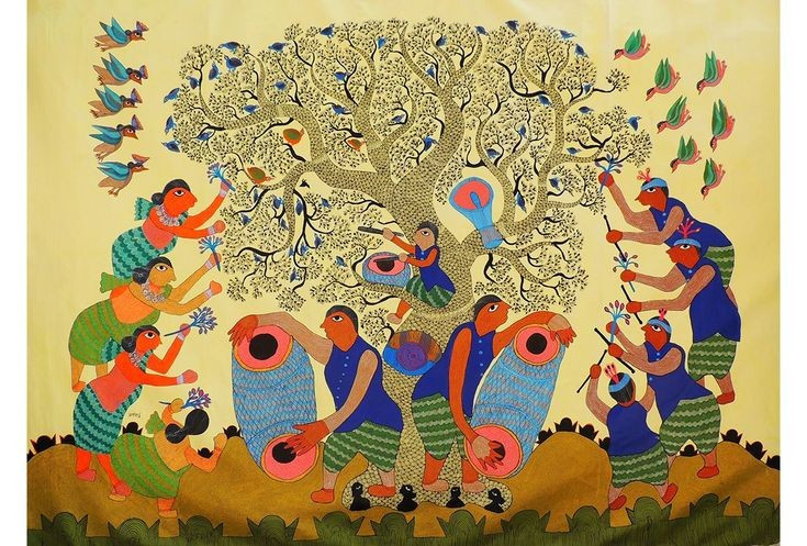  Nổi tiếng với nghệ thuật tranh Gond độc đáo. Tranh Gond là một trong những phong cách nghệ thuật dân gian đặc sắc của Ấn Độ. Các bức tranh thường mô tả động vật, cây cối và các câu chuyện thần thoại bằng những họa tiết chấm và đường nét lặp lại đầy màu sắc. Ảnh: Pinterest.