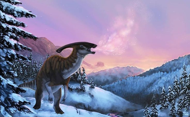  Sống vào cuối kỷ Phấn Trắng. Parasaurolophus xuất hiện cách đây khoảng 76–73 triệu năm, trong giai đoạn Trái Đất có khí hậu ấm áp và thảm thực vật phong phú. Ảnh: Pinterest.