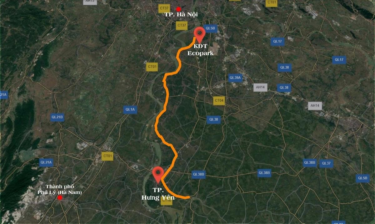 Tuyến đường có chiều dài khoảng gần 56 km, đi qua địa phận 13 xã của tỉnh Hưng Yên. Ảnh bản đồ được chụp từ báo cáo.