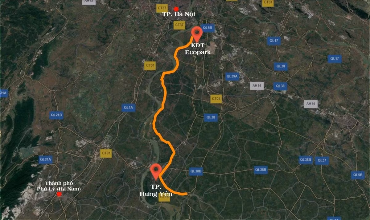 Tuyến đường có chiều dài khoảng gần 56 km, đi qua địa phận 13 xã của tỉnh Hưng Yên. Ảnh bản đồ được chụp từ báo cáo.