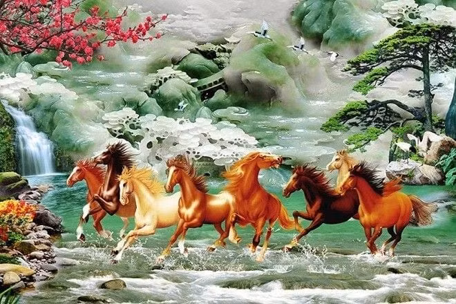 Bức tranh "Mã đáo thành công" miêu tả 8 con ngựa mạnh mẽ, tràn đầy sức sống, tượng trưng cho hanh thông trọn vẹn.