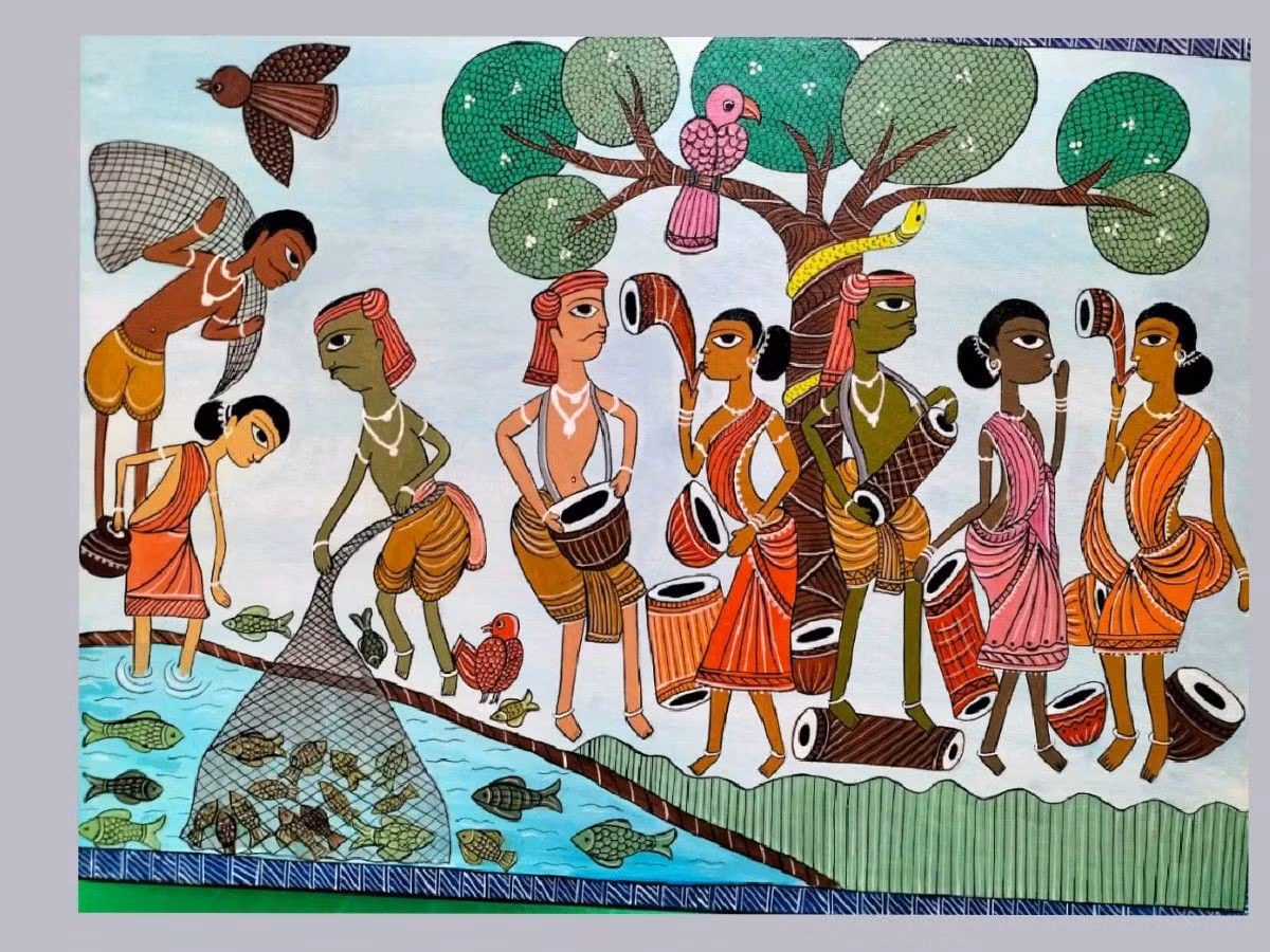  Văn hóa truyền miệng rất phong phú. Trước khi chữ viết Ol Chiki trở nên phổ biến, nhiều truyền thuyết, câu chuyện và bài hát của người Santal được lưu truyền qua hình thức truyền miệng qua nhiều thế hệ. Những câu chuyện này thường kể về nguồn gốc dân tộc, thiên nhiên và các vị thần trong tín ngưỡng truyền thống. Ảnh: Pinterest.