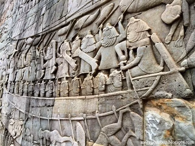  Những bức phù điêu kể chuyện đời sống dân gian. Tường đền khắc họa các cảnh sinh hoạt, chiến trận, và lễ nghi tôn giáo thời Angkor. Ảnh: Pinterest.