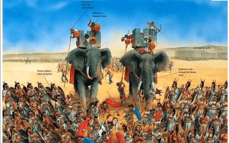  5. Chiến thuật vượt trội. Xanthippus sử dụng đội hình voi chiến và kỵ binh hiệu quả, phá vỡ hàng ngũ La Mã vốn quen thuộc với việc chiến đấu trên địa hình châu Âu. Ảnh: Pinterest.