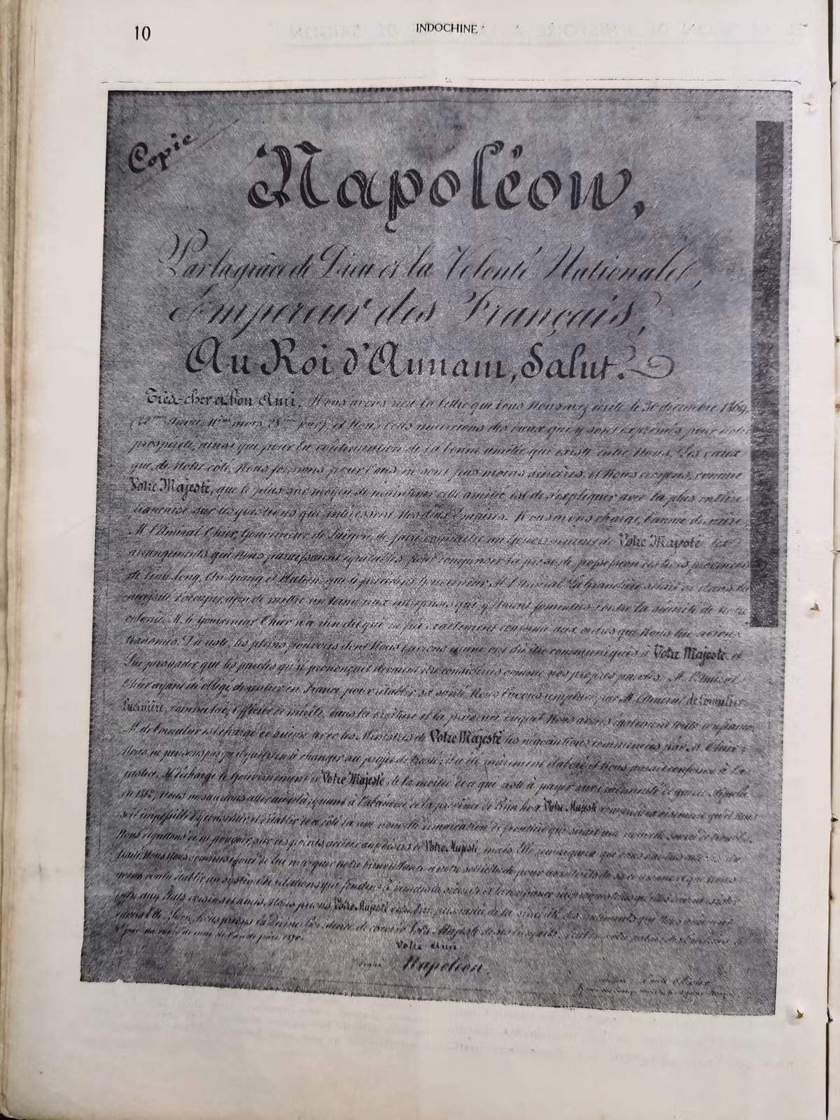 Bản sao lá thư số 3 đề ngày 04/5/1870 của Hoàng đế Napoléon gửi vua Tự Đức. Nguồn Trung tâm Lưu trữ quốc gia I
