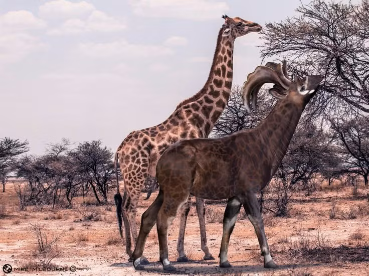  Thức ăn là thực vật. Chúng ăn lá cây, cành non và hoa quả, có chế độ ăn tương tự hươu cao cổ ngày nay. Ảnh: Pinterest.