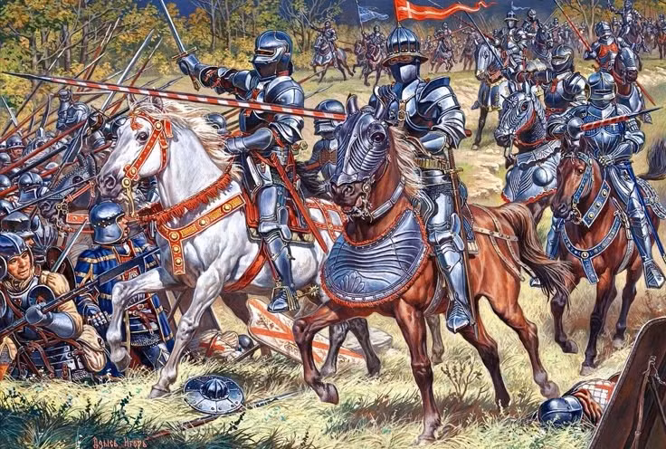  Kỵ binh nặng thời Trung cổ. Những đội kỵ sĩ bọc giáp thép, với giáo dài và ngựa chiến được huấn luyện kỹ lưỡng, thường xuyên quyết định thắng bại trong các trận chiến châu Âu trước thế kỷ 14. Ảnh: Pinterest.