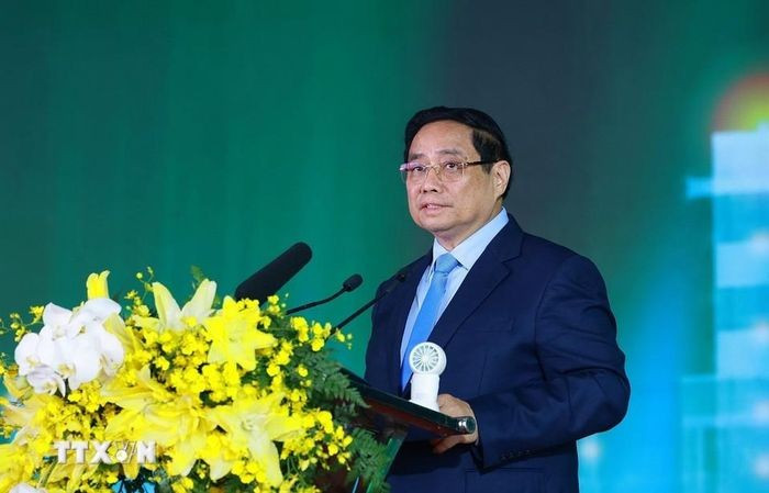 Thủ tướng Phạm Minh Chính phát biểu tại Lễ khánh thành Nhà máy Điện khí LNG Nhơn Trạch 3 và 4. (Ảnh: Dương Giang/TTXVN)