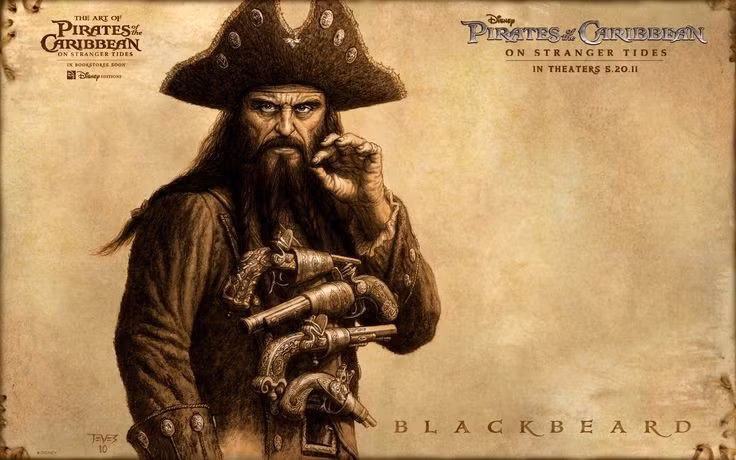  Blackbeard là một trong những hải tặc nổi tiếng nhất lịch sử. Blackbeard, tên thật Edward Teach hoặc Edward Thatch, hoạt động vào đầu thế kỷ 18 trong thời kỳ “Hoàng kim của cướp biển”. Ông gây khiếp sợ trên các tuyến hàng hải vùng Caribbean và bờ đông Bắc Mỹ nhờ chiến thuật táo bạo và hình ảnh đáng sợ với bộ râu đen dài. Ảnh: Pinterest.