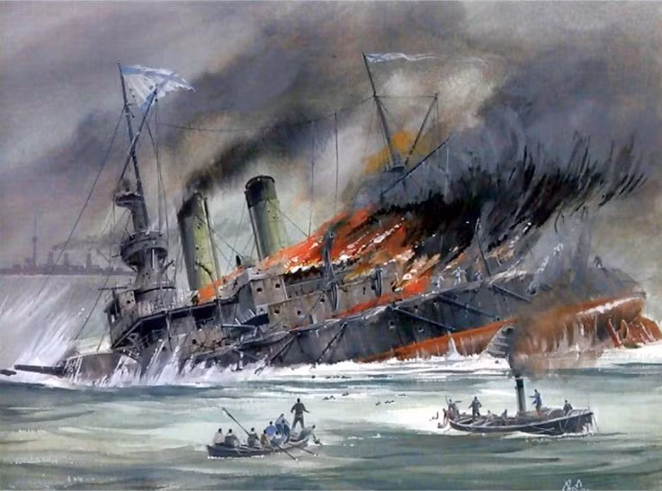  3. Trận chiến chỉ kéo dài hai ngày nhưng mang tính hủy diệt. Diễn ra trong hai ngày 27–28/5/1905, trận hải chiến đã khiến gần như toàn bộ Hạm đội Baltic của Nga bị tiêu diệt hoặc bắt giữ, chỉ còn vài tàu sống sót. Ảnh: Pinterest.