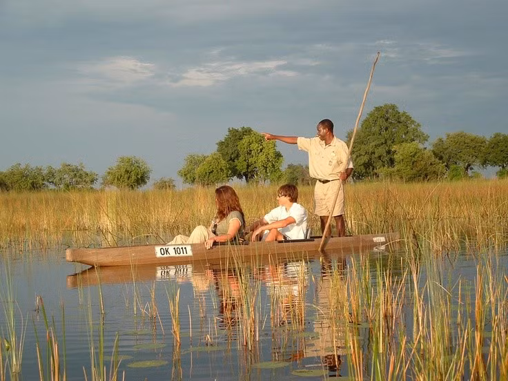  Giao thông truyền thống bằng thuyền mokoro. Người bản địa di chuyển bằng thuyền độc mộc, nhẹ nhàng lướt qua các kênh nước nông. Ảnh: Pinterest.