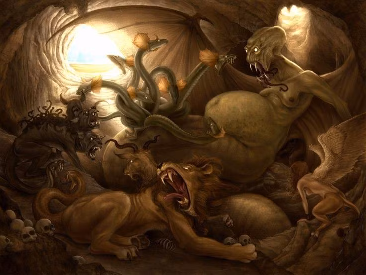  Con cháu Echidna để lại dấu ấn sâu đậm trong thần thoại Hy Lạp. Cerberus canh cổng địa ngục, Hydra bị Heracles giết, và Chimera gieo rắc nỗi kinh hoàng khắp Hy Lạp. Ảnh: Pinterest.