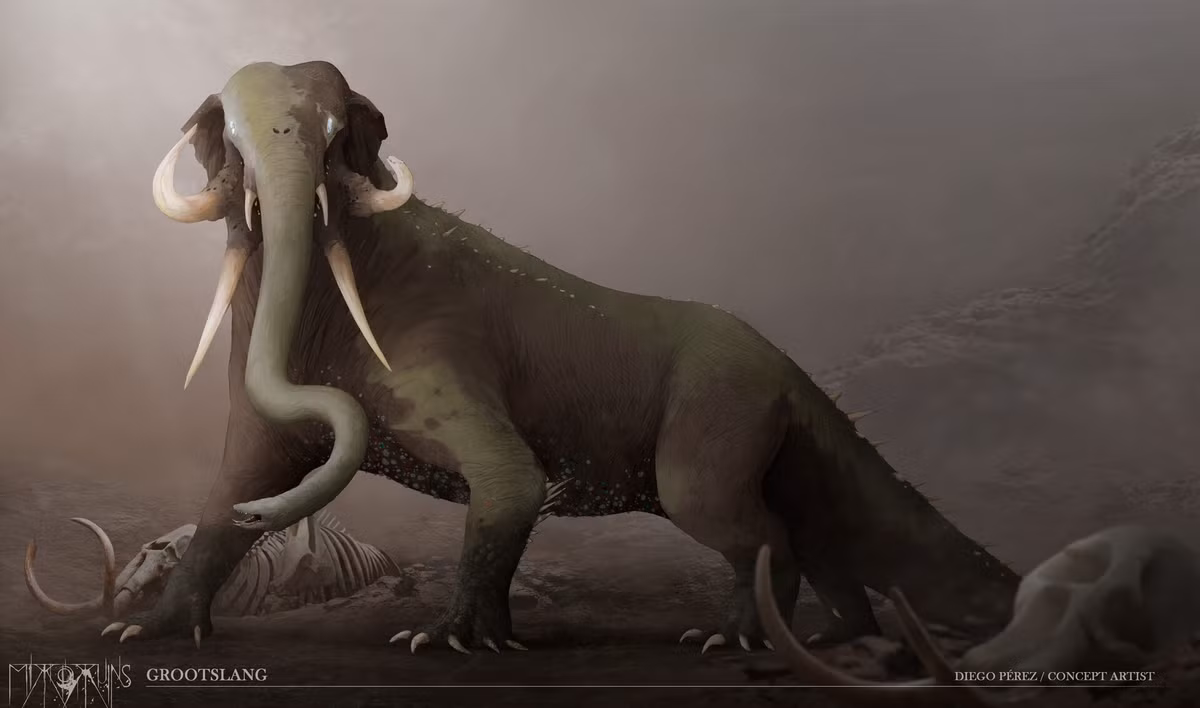  Rắn lai voi. Người xưa tin rằng Grootslang có hình dáng rắn kết hợp với voi và thông minh như voi. Sở hữu trí tuệ vượt trội, nó có thể dụ hoặc hù dọa con người xâm nhập lãnh thổ của nó. Ảnh: artstation.com.