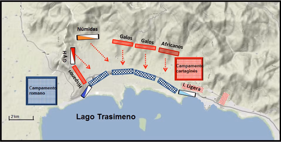  2. Địa điểm chiến lược bên hồ Trasimene. Hannibal chọn vùng bờ hồ hẹp với đồi núi bao quanh để giăng bẫy quân La Mã. Ảnh: Pinterest.