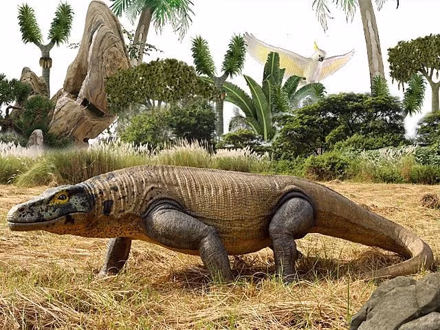 1. Megalania là loài thằn lằn săn mồi lớn nhất trong lịch sử. Với chiều dài ước tính lên đến 7 mét và trọng lượng hơn 1 tấn, Megalania vượt xa kích thước của rồng Komodo ngày nay. Ảnh: Pinterest.
