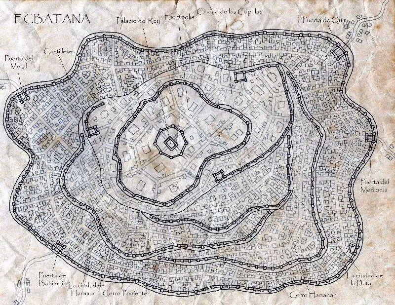  Được cho là có bảy tầng lớp tường thành. Theo sử gia Hy Lạp Herodotus, Ecbatana có bảy bức tường đồng tâm, mỗi lớp sơn một màu khác nhau tượng trưng cho các hành tinh và vị thần. Ảnh: wmuanehistory.wordpress.com.