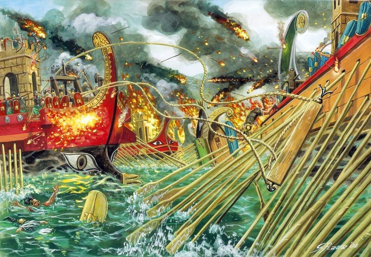  Hạm đội Antony đông nhưng khó kiểm soát. Dù sở hữu nhiều thuyền chiến lớn, hạm đội của Antony kém linh hoạt và khó xoay trở so với thuyền nhỏ của Octavian. Ảnh: Pinterest.