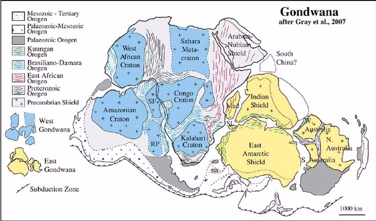  Quá trình tan rã diễn ra cách đây 180 triệu năm. Lớp vỏ Trái đất bị kéo giãn khiến Gondwana dần vỡ thành các châu lục ngày nay. Ảnh: Pinterest.