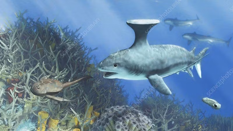  Có quan hệ với cá mập hiện đại. Stethacanthus thuộc nhóm cá mập cổ Hybodontiformes, được xem là tổ tiên xa của nhiều loài cá mập sau này. Ảnh: Pinterest.