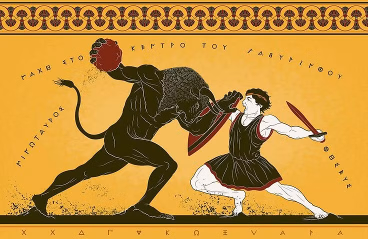  6. Anh hùng Theseus là người giết chết Minotaur. Theseus – hoàng tử thành Athens – đã tình nguyện vào mê cung, được nàng Ariadne giúp đỡ bằng một cuộn chỉ để đánh dấu lối ra, và tiêu diệt Minotaur. Ảnh: Pinterest.