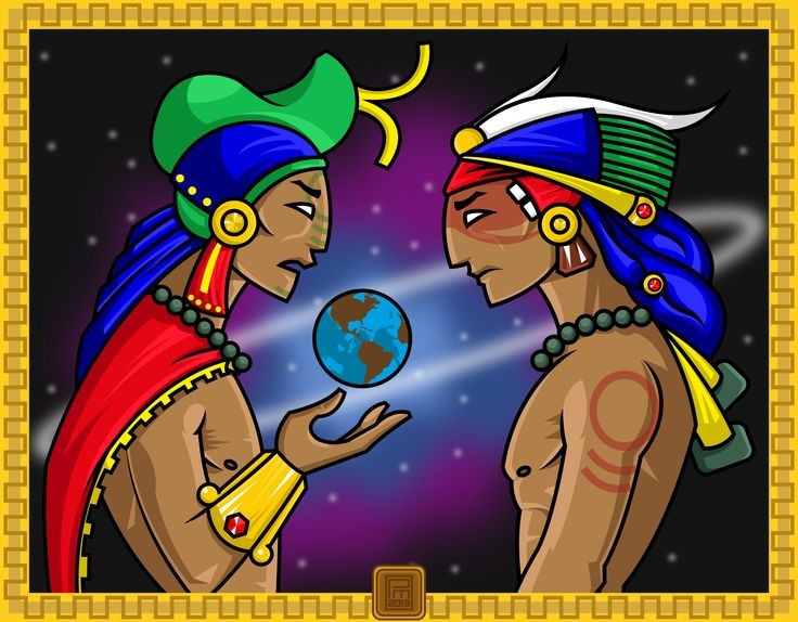  Hai anh hùng Hunahpú và Xbalanqué là nhân vật trung tâm. Họ chiến đấu với các vị thần chết và tượng trưng cho chiến thắng của ánh sáng. Ảnh: Pinterest.