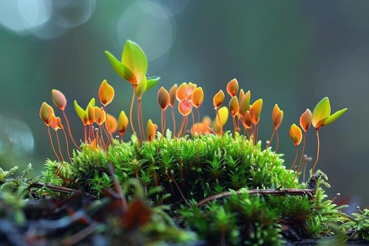  Sinh sản không cần hoa hay hạt. Rêu sinh sản bằng bào tử, phụ thuộc vào nước để tinh trùng di chuyển, phản ánh đặc điểm chuyển tiếp giữa môi trường nước và cạn. Ảnh: Pinterest.