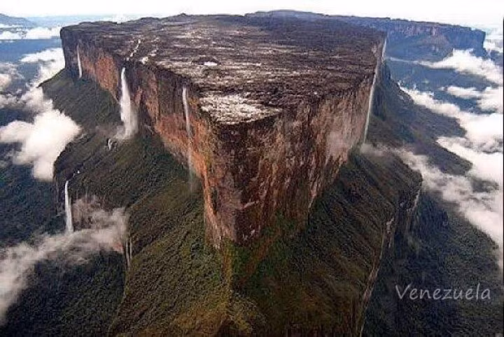  Đỉnh núi bằng phẳng như chiếc bàn khổng lồ. Đỉnh Roraima rộng hàng chục km², phẳng lì, tạo nên hình dáng kỳ lạ, nổi bật giữa rừng rậm Amazon. Ảnh: Pinterest.