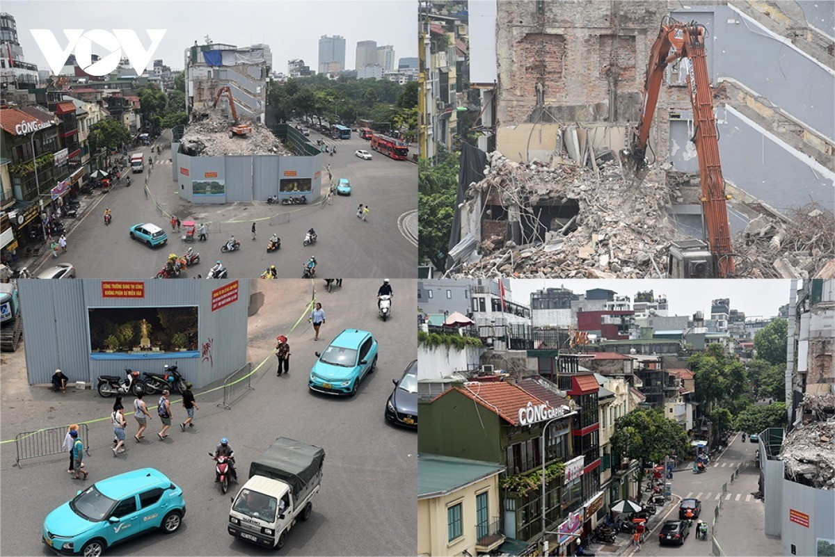 Tòa nhà phá dỡ chỉ cao còn khoảng 1 tầng ngoài hàng rào che chắn cũng không thấy phủ bạt che bụi như trước.