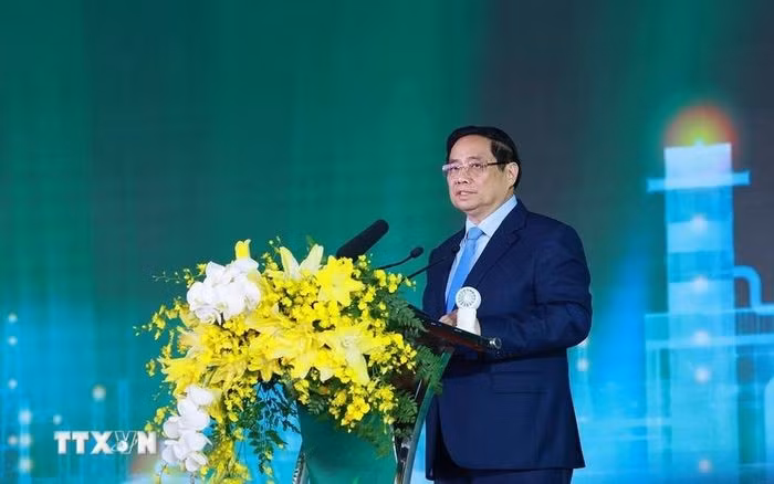 Thủ tướng Phạm Minh Chính phát biểu tại Lễ khánh thành Nhà máy Điện khí LNG Nhơn Trạch 3 và 4. (Ảnh: Dương Giang/TTXVN)