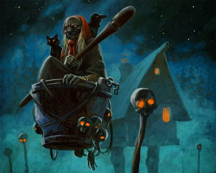  Hình tượng phù thủy già đáng sợ. Baba Yaga thường được mô tả là một mụ già gầy gò, mũi dài khoằm, sống cô độc trong rừng sâu. Ảnh: Pinterest.